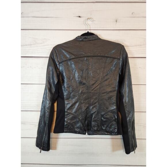 Express Womens Black Solid Long Sleeve Full Zip Faux Leather Biker Jacket Small - Picture 2 of 6